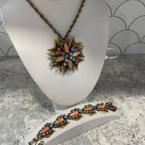 Florenza Opaline Maltese Cross Pendant Necklace & Bracelet Orange Peach